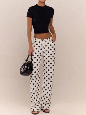 White Casual Women's polka dot Print Lace Up Straight Leg Printed Jeans